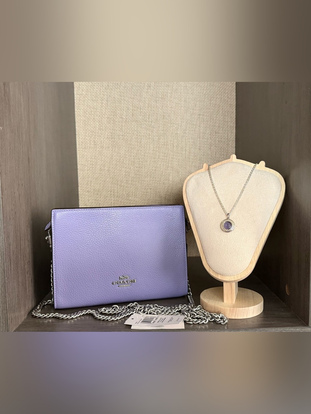 $410 Coach Purple Leather Crossbody & Purple Crystal .925 Sterling Necklace